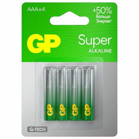 Батарейки КОМПЛЕКТ 4 шт., GP Super, AAA (LR03, 24А), алкалиновые, мизинчиковые, блистер, 24A-2CR4