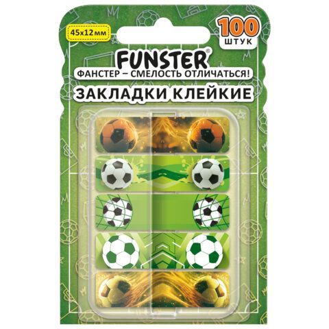 Закладки клейкие Z-сложения FUNSTER (ФАНСТЕР) "Футбол", 45х12 мм, 100 шт., (5 цветов х 20 листов), в диспенсере, 116698