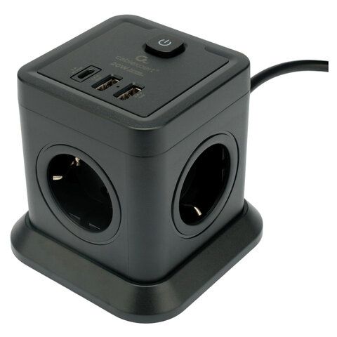 Сетевой фильтр CABLEXPERT Tower, 4 розетки, 10А, 1xType-C PD, 20Вт, 2хUSB, 2м, черный, TWR-4-CU2-B-2