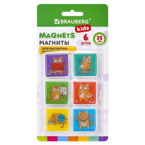 Магниты квадратные стеклянные 35 мм для досок магнитно-маркерных, НАБОР 6 шт., "КОТ-ЭНТУЗИАСТ" BRAUBERG KIDS, блистер, 272514