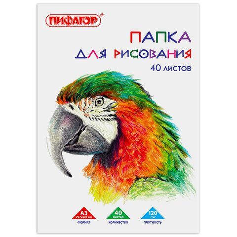 Бумага для рисования ДЭК А3, в папке 40 листов, 120 г/м2, индивидуальная упаковка, ПИФАГОР "Попугай", 880267