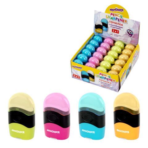 Точилка с контейнером и ластиком ЮНЛАНДИЯ "ДВА В ОДНОМ", яркие цвета ассорти, 272510