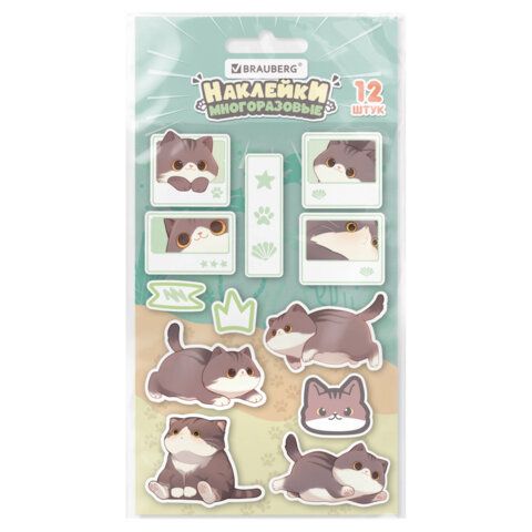 Наклейки зефирные BRAUBERG CUTE CATS, многоразовые, 10*15 см, 666054