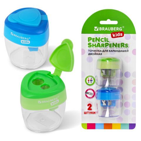 Точилки BRAUBERG KIDS "MAXI", 2 ШТУКИ, 2 отверстия, с большим контейнером, трехгранный корпус, цвета ассорти, блистер, 271947