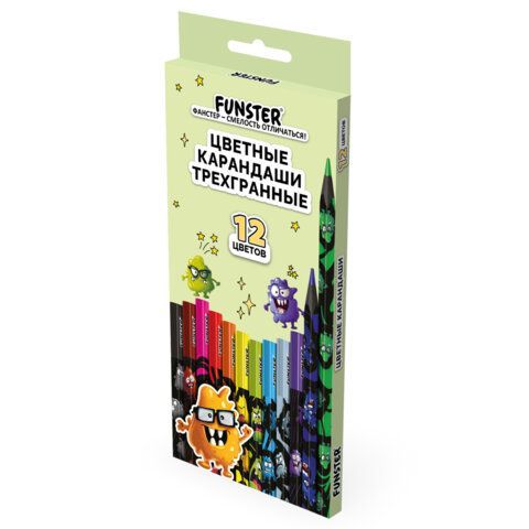 Карандаши цветные FUNSTER (ФАНСТЕР) МОНСТРИКИ, 12 цветов, черный корпус с принтом, трехгранные, 182065