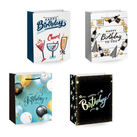 Пакет подарочный (1 штука) 18х10х23 см (M), "Happy Birthday", ассорти, глиттер, фольга, ЗОЛОТАЯ СКАЗКА, 700806