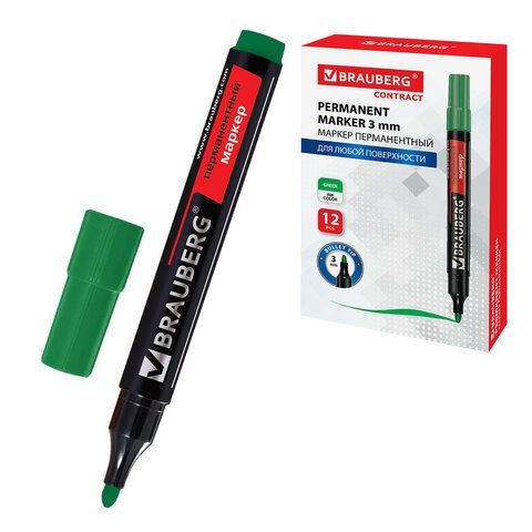 Маркер перманентный BRAUBERG "Contract", ЗЕЛЕНЫЙ, круглый наконечник, 3 мм, 150468