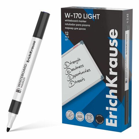 Маркер для доски ERICH KRAUSE "W-170 Light", ЧЕРНЫЙ, круглый наконечник, 2,5 мм, 6356, 63567