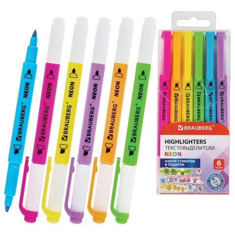 Набор текстовыделителей двусторонних 6 НЕОНОВЫХ ЦВЕТОВ, BRAUBERG "TWIN NEON", линия 1-5 мм, 152517