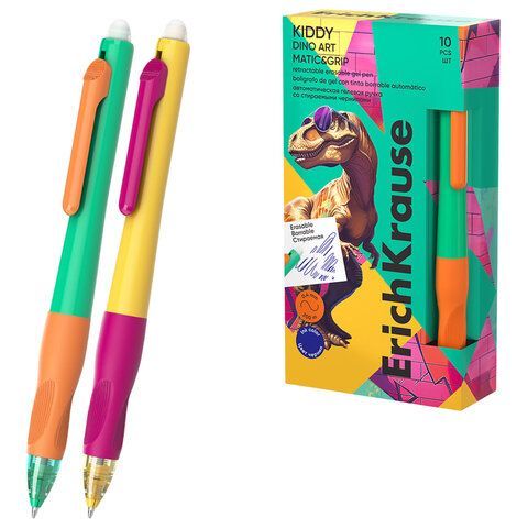Ручка стираемая гелевая автоматическая ERICH KRAUSE "Kiddy Dino Art", СИНЯЯ, ассорти, 0,4 мм, 63696