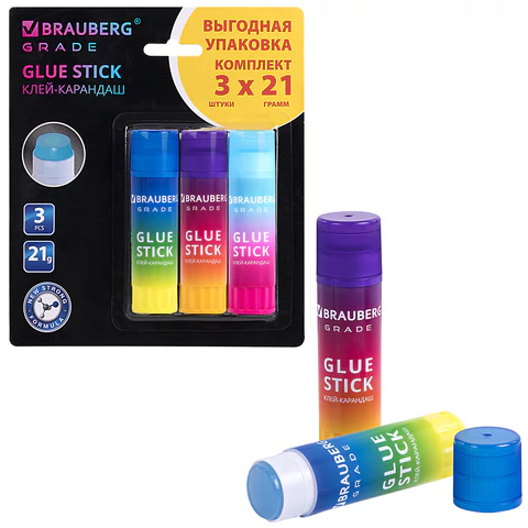 Клей-карандаш 21 г, ВЫГОДНАЯ УПАКОВКА, BRAUBERG GRADE, 3 штуки на блистере, PVP-основа, 271248