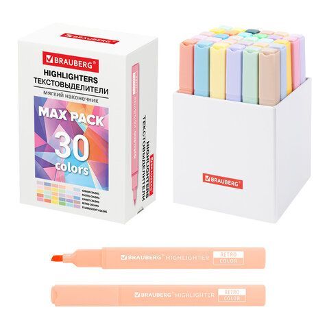 Набор текстовыделителей 30 ЦВЕТОВ BRAUBERG "SUPER MIX", линия 1-5 мм, мягкий скошенный наконечник, 152539