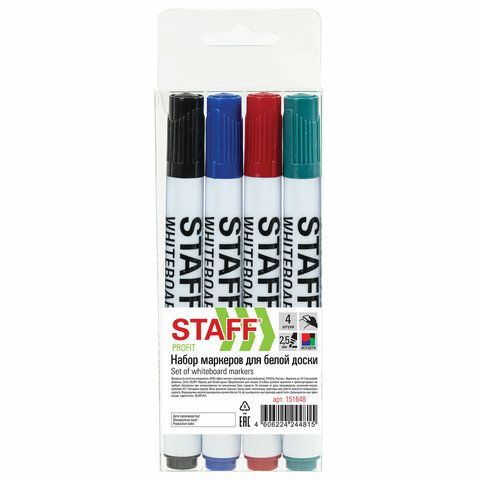 картинка Маркеры стираемые для белой доски НАБОР 4 ЦВЕТА, STAFF "Profit" WBM-644, 2,5 мм, 151648 от магазина