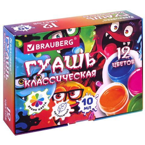 Гуашь BRAUBERG "МОНСТРИКИ", 12 цветов по 10 мл, 192642