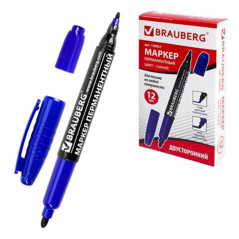 Маркер перманентный двусторонний BRAUBERG, СИНИЙ, круглый наконечник, 2/4 мм, 150837