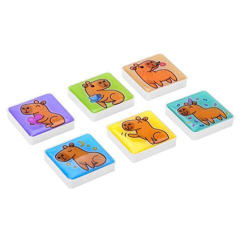 Магниты квадратные стеклянные 35 мм для досок магнитно-маркерных, НАБОР 6 шт., "Капибара", BRAUBERG KIDS, блистер, 272513