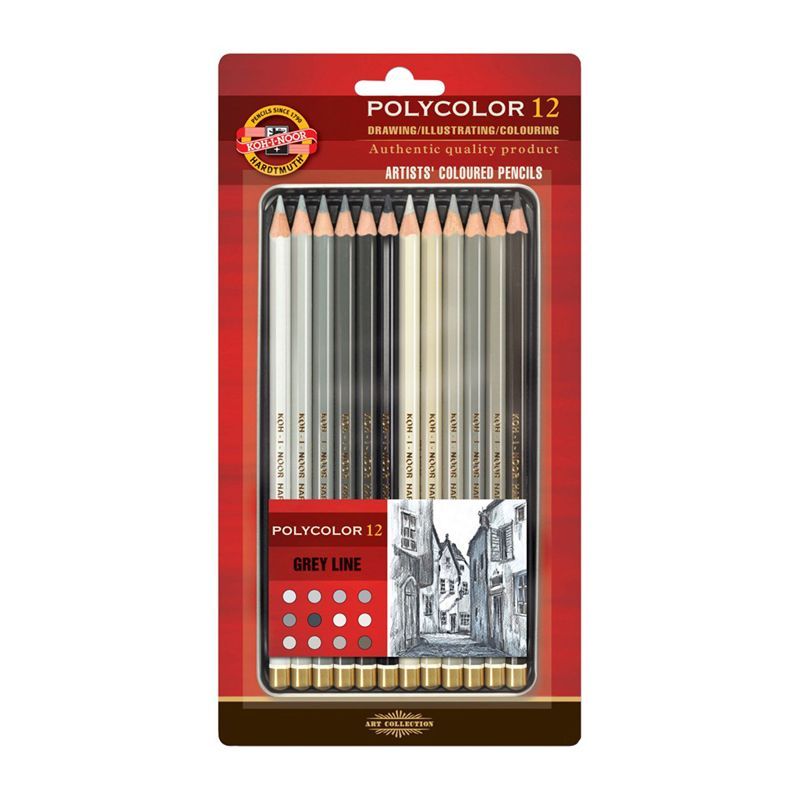 Карандаши цветные художественные Koh-I-Noor "Polycolor Grey Line", 12цв., заточен., металл. пенал, блистер Карандаши цветные художественные Koh-I-Noor "Polycolor Grey Line", 12цв., заточен., металл. пенал, блистер