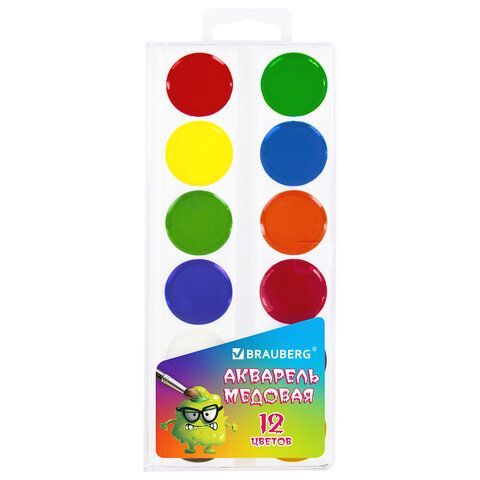 Краски акварельные BRAUBERG "МОНСТРИКИ", медовые, 12 цветов, круглые кюветы, 192641