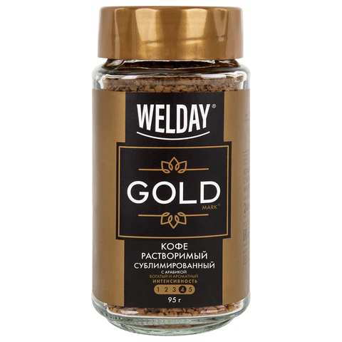 Кофе растворимый WELDAY "Gold", сублимированный, 95 г, стеклянная банка, 622675