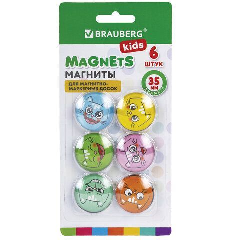 Магниты стеклянные 35 мм для досок магнитно-маркерных, НАБОР 6 шт., "3D Коты", BRAUBERG KIDS, круглые, блистер, 272516