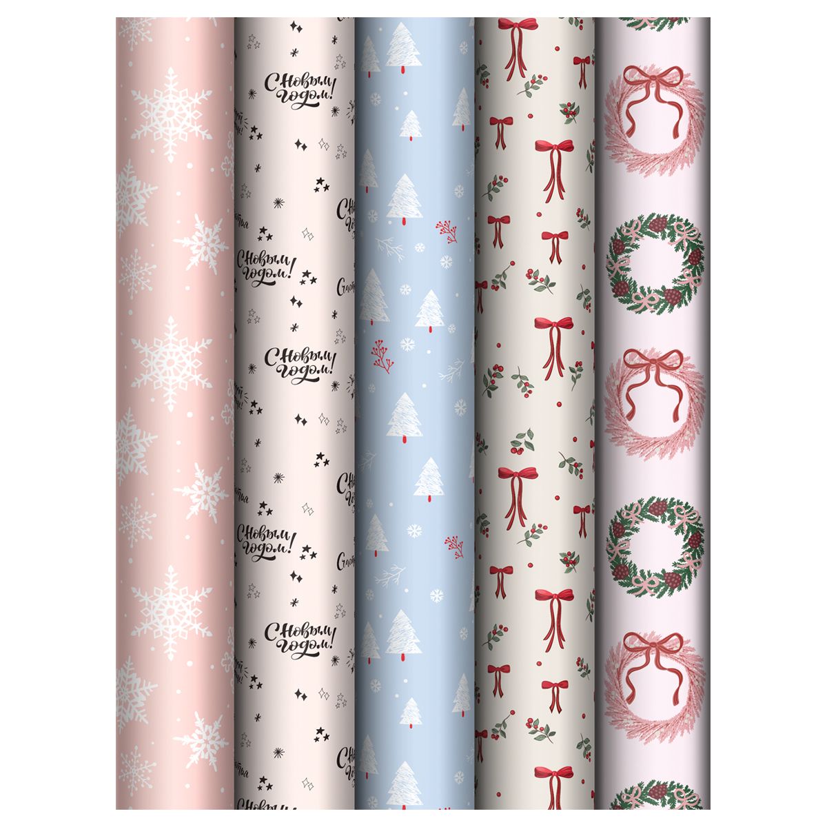 Упаковочная бумага глянц. 70*100см, MESHU "Christmas wreath", 80г/м2, ассорти 5 дизайнов