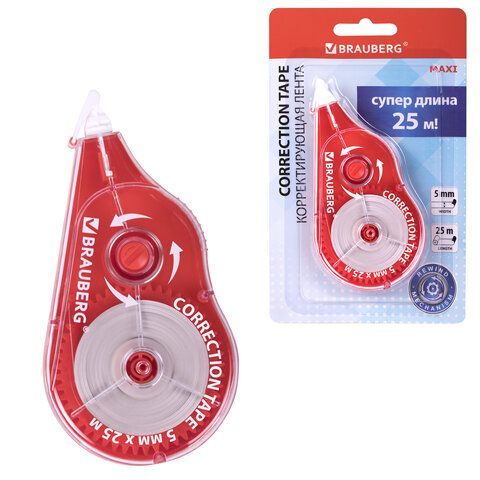 Корректирующая лента BRAUBERG MAXI PLUS, 5 мм х 25 м, механизм перемотки, корпус красный, блистер, 272501