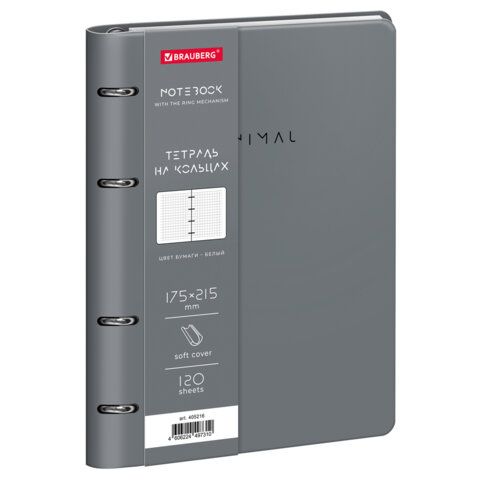 Тетрадь на кольцах А5, 175х215 мм, 120 л., под кожу, BRAUBERG VISTA, "Minimal", серый, 405216