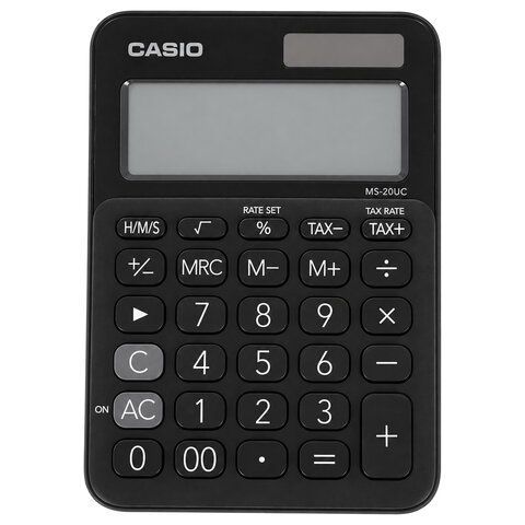 Калькулятор настольный CASIO MS-20UC-BK-W-EC (15х10,5х2,3 см), 12 разрядов, двойное питание