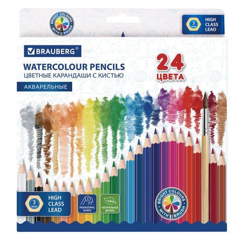 Карандаши цветные акварельные классические мягкие BRAUBERG, 24 цвета, с КИСТЬЮ, 181849