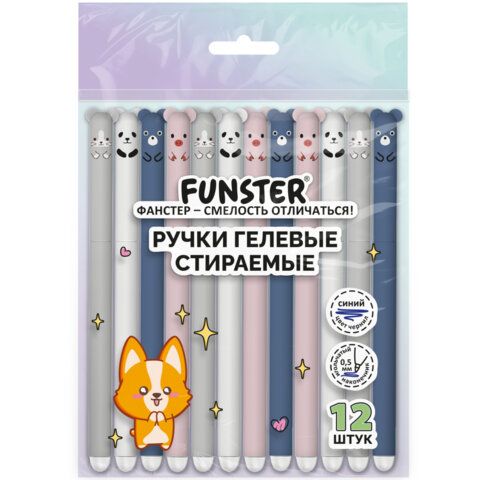 Ручки гелевые стираемые FUNSTER (ФАНСТЕР) "CUTE ANIMALS", СИНИЕ, НАБОР 12 ШТ., корпус soft-touch, узел 0,5 мм, линия письма 0,35 мм, 144435