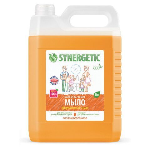 Мыло жидкое 5 л SYNERGETIC "Фруктовый микс", гипоаллергенное, биоразлагаемое, 105502 