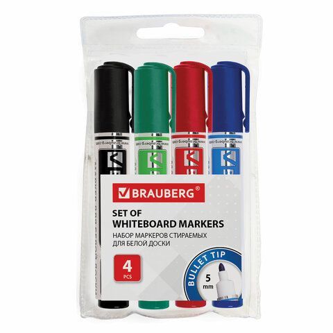 картинка Маркеры стираемые для белой доски НАБОР 4 ЦВЕТА, BRAUBERG "Neo", 5 мм, с клипом, 150491 от магазина