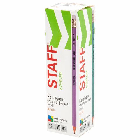 Карандаш чернографитный с ластиком STAFF EVERYDAY BLP-CLR, 1 шт., НВ, цвет корпуса ассорти, 182117