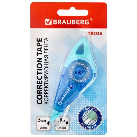 Корректирующая лента BRAUBERG "TRIOS", 5 мм х 8 м, корпус мятно-голубой с подвесом, блистер, 273023