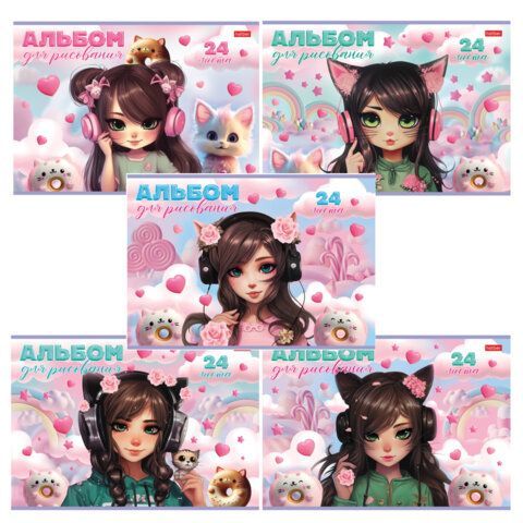 Альбом для рисования А4 24 л., скоба, обложка картон, HATBER, 205х290 мм, "Девочка-кошка", 085145, 24А4В