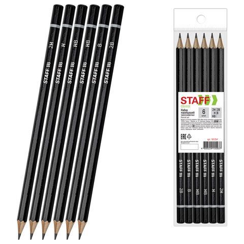 Карандаши чернографитные STAFF "College" BLP-254, НАБОР 6 шт., 2H-2B, черный корпус, 181254