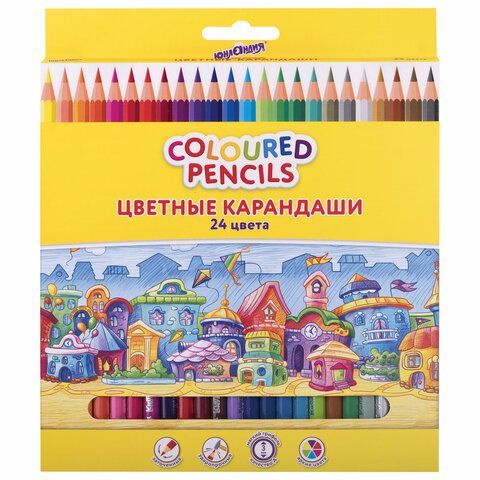 Карандаши цветные ЮНЛАНДИЯ "ДОМИКИ", 24 цвета, пластиковые, классические, грифель мягкий 3 мм, 181838