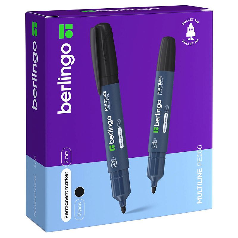 Маркер перманентный Berlingo "Multiline PE200" черный, пулевидный, 2мм 