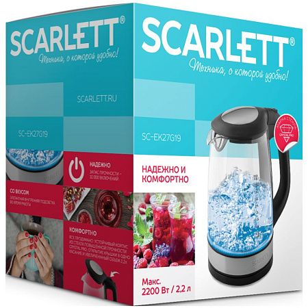 Чайник электрический Scarlett SC-EK27G19, 2.2л, 2200Вт, с подсветкой, стекло/пластик