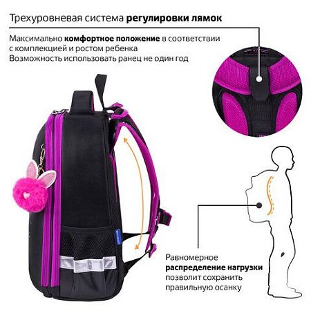 Ранец BRAUBERG SHINY, 2 отделения, с брелоком, "Magic cat", 38х28х14 см, 271381 