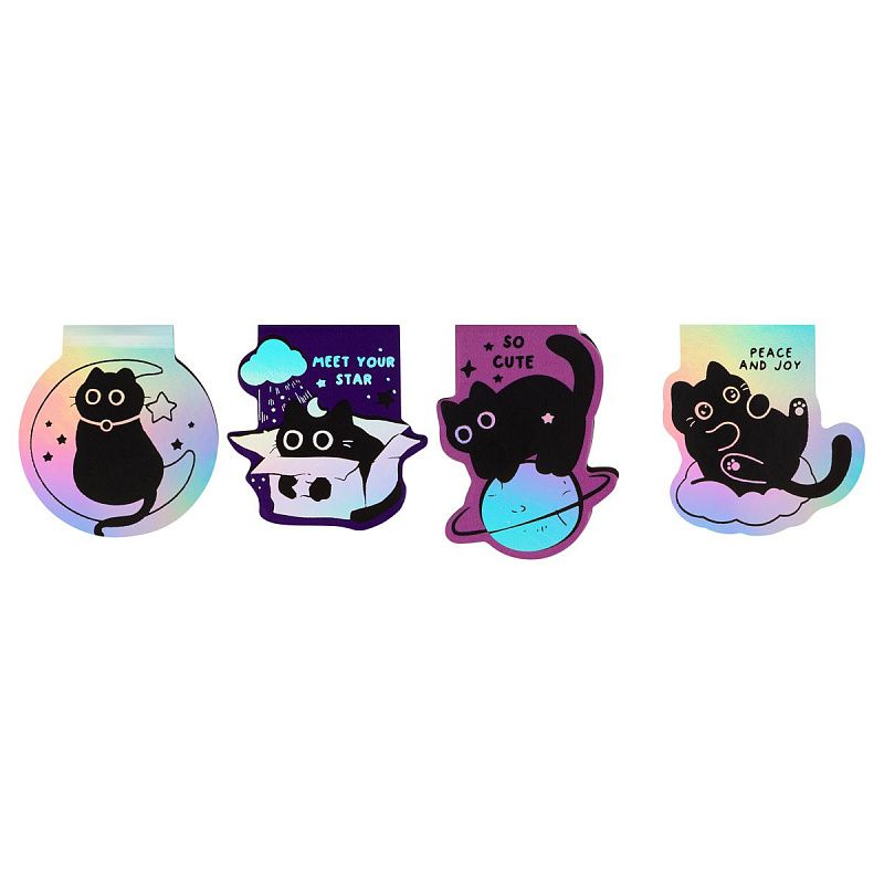 Закладки магнитные для книг, 4шт., MESHU "Кошачья вселенная", голографическая фольга 