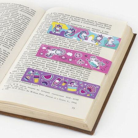 Закладки для книг с магнитом "ЕДИНОРОГИ", набор 6 шт., блестки, 25x196 мм, ЮНЛАНДИЯ, 111638 
