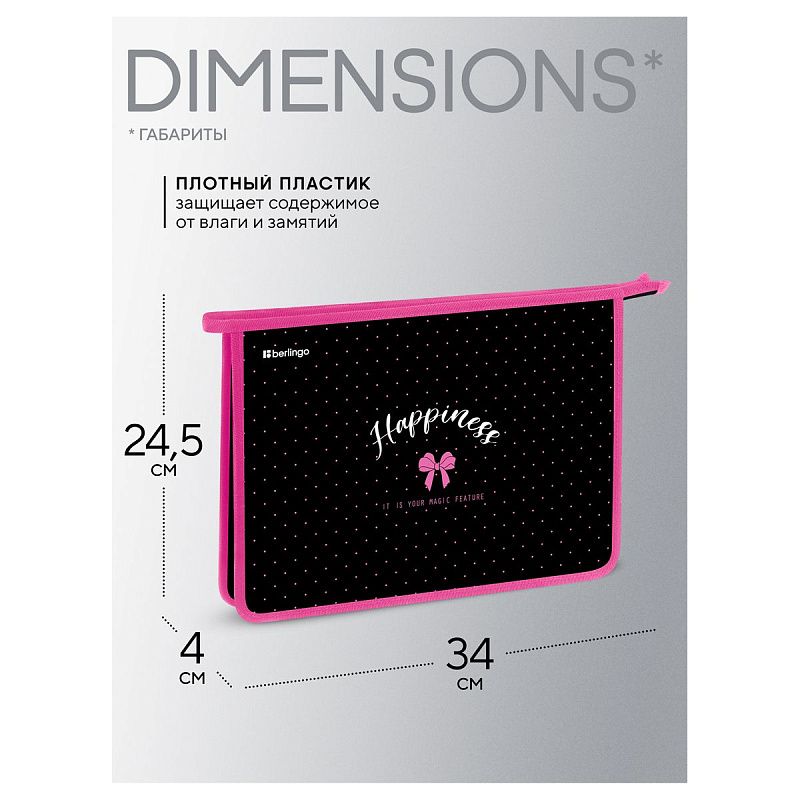 Папка для тетрадей 1 отделение, А4 Berlingo "Happiness", 340*245*40 мм, пластик, на молнии 