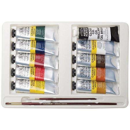 Краски акриловые Winsor&Newton "Galeria", 09цв., 60мл/туба, доска, палитра, медиум для блеска, 2 кисти, картон. упаковка