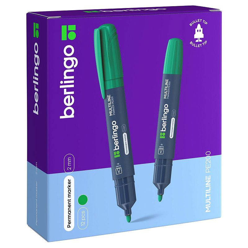 Маркер перманентный Berlingo "Multiline PE200" зеленый, пулевидный, 2мм 