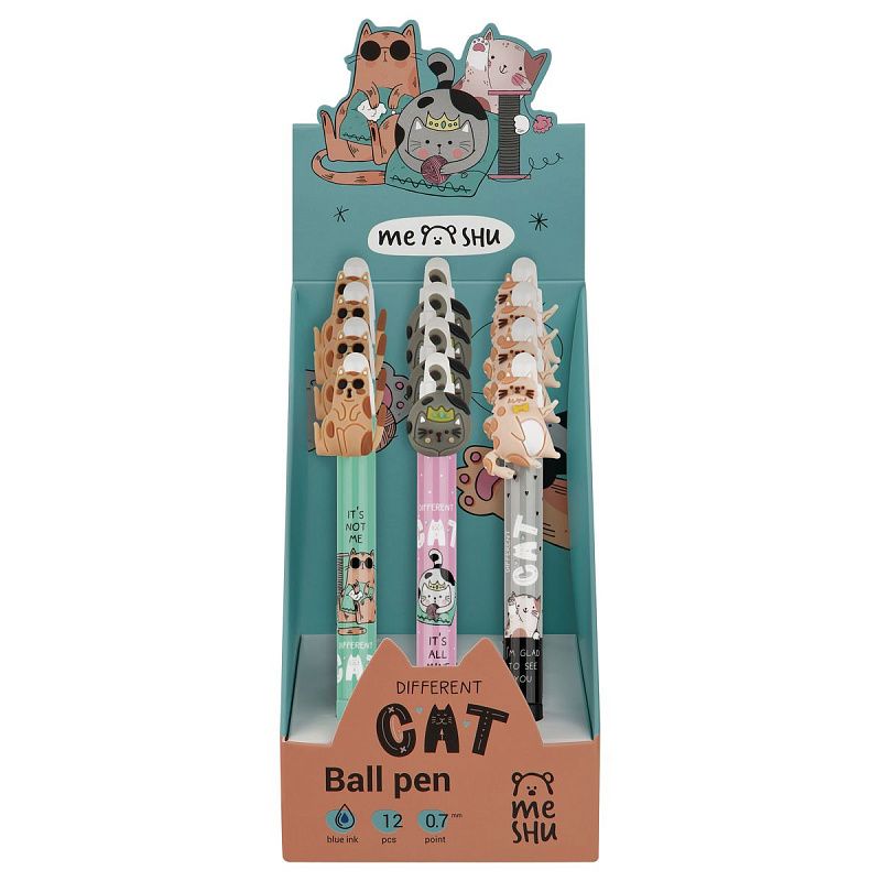 Ручка шариковая автоматическая  MESHU "Сat Day" синяя, 0,7мм, грип, корпус ассорти 