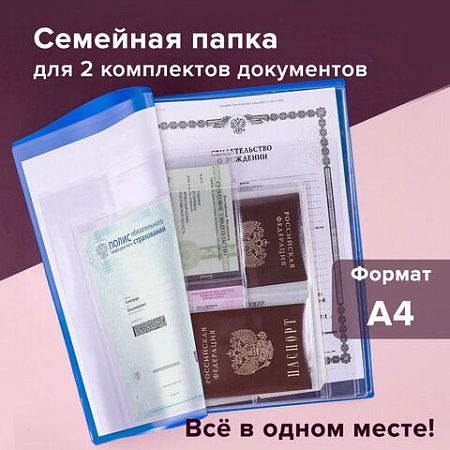 Папка для семейных документов с файлами (паспорта, свидетельства, полисы, СНИЛС) STAFF, 16 отделений, ПВХ, синяя, 237806 