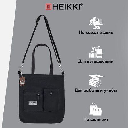 Сумка шоппер HEIKKI EQUIP (ХЕЙКИ), канвас, карман для бутылки, 40х35 см, черный, 272442 