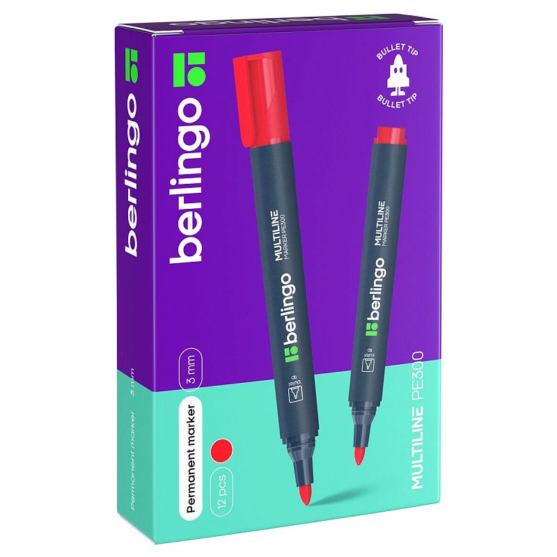 Маркер перманентный Berlingo "Multiline PE300" красный, пулевидный, 3мм 