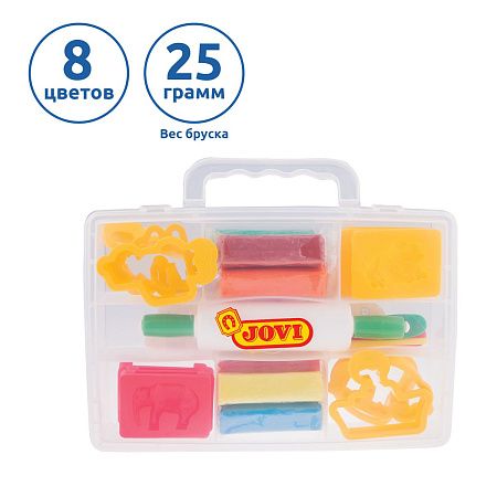 Пластилин JOVI, 08 цветов, 200г, растительный, формочки, стеки, скалка, в чемодане